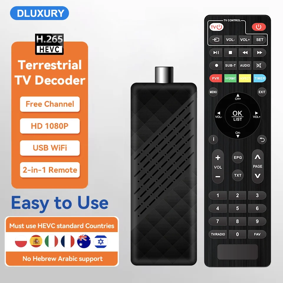 Dluxury nouveau décodeur TV numérique DVB T2 DVB C H.265 HD canaux TV gratuits 7 jours EPG Tuner TV bâton TV pour l