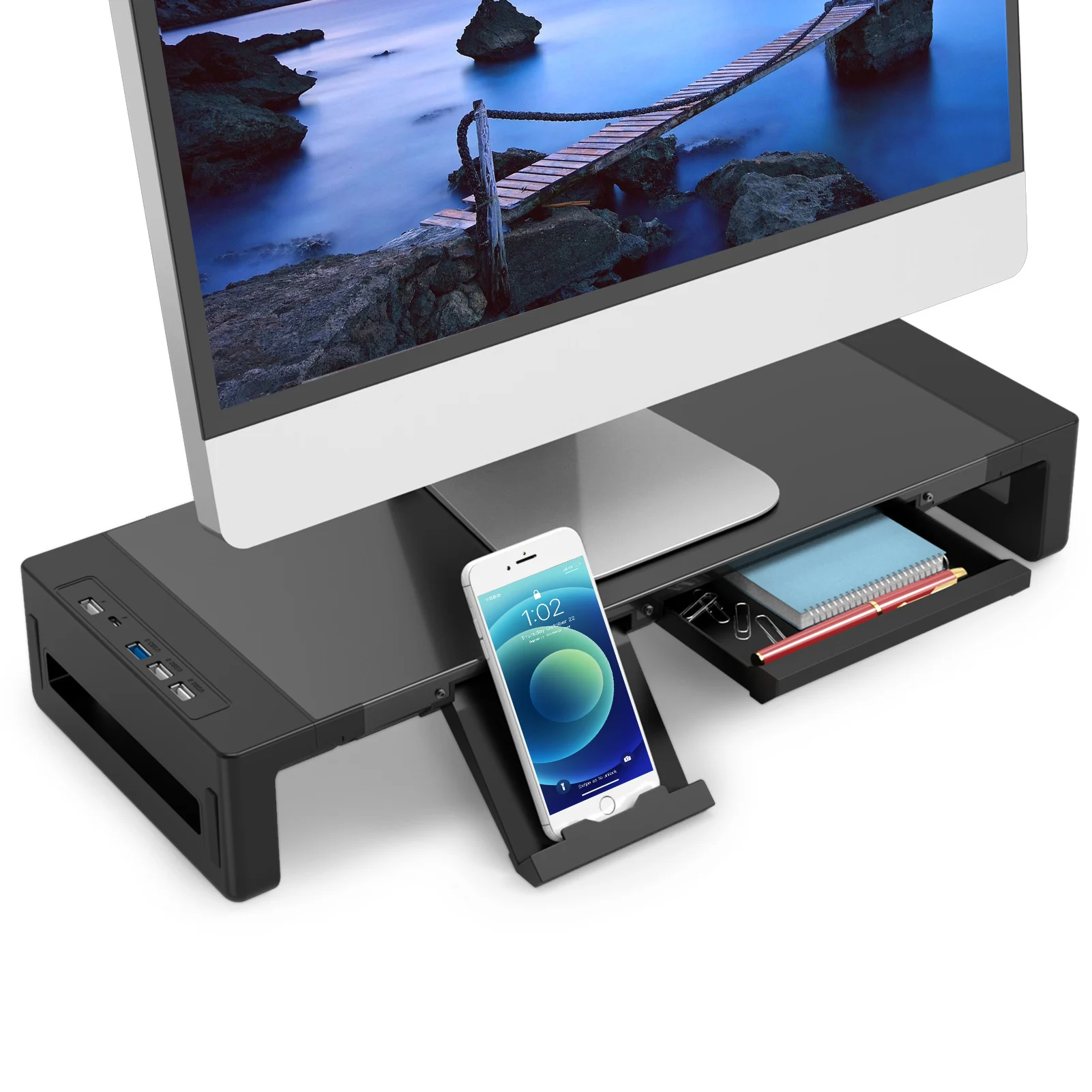 Monitorständer mit Eisenplatte, Desktop-Monitor-Riser mit Schublade, Monitorständer-Riser, Laptop/Drucker/Imac/Tablet/Smartphone-Ständer Image