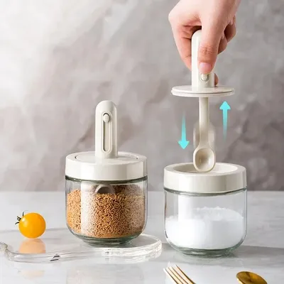 1pc Kitchen Glass Seasoning Bottle With Retractable Spoon, Multifunctional Leak Proof And Moisture-Proof Salt Storage Box