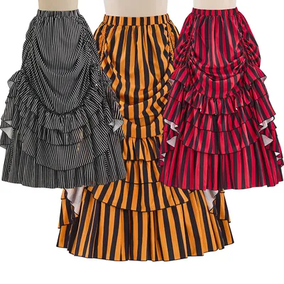 Frauen Gothic Steampunk Streifen Rock Viktorianischen Renaissance Rock Gypsy Hohe Taille Rüschen Image