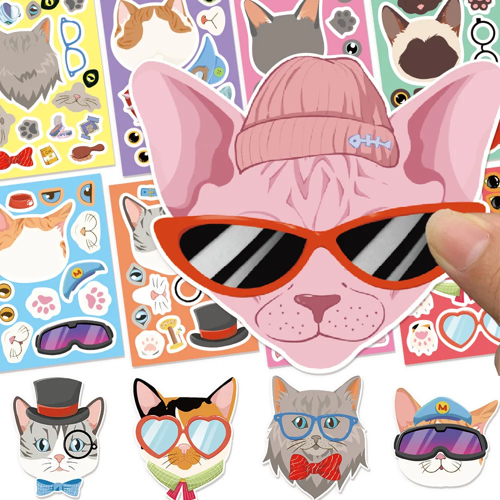 8PCS Katze Kopf Gesicht Ändern DIY Puzzle Aufkleber Dress up Spiel Eltern Interaktive Montage Aufkleber Kreative Geschenke Image