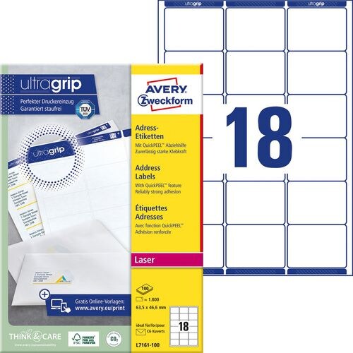 AVERY Zweckform Abziehhilfe QuickPEEL,ultragrip Adressetiketten L7161-100 Selbsthaftend DIN A4 Weiß 63,5 x 46,6 mm 100 Blatt à 18 Etiketten Image