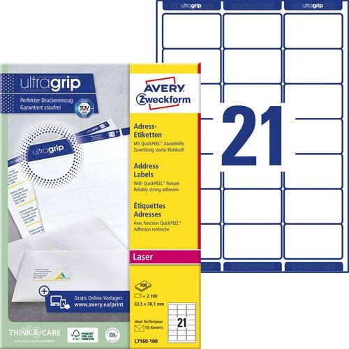 AVERY Zweckform Abziehhilfe QuickPEEL, ultragrip Adressetiketten L7160-100 Ja DIN A4 Weiß 63,5 x 38,1 mm 100 Blatt à 21 Etiketten Image