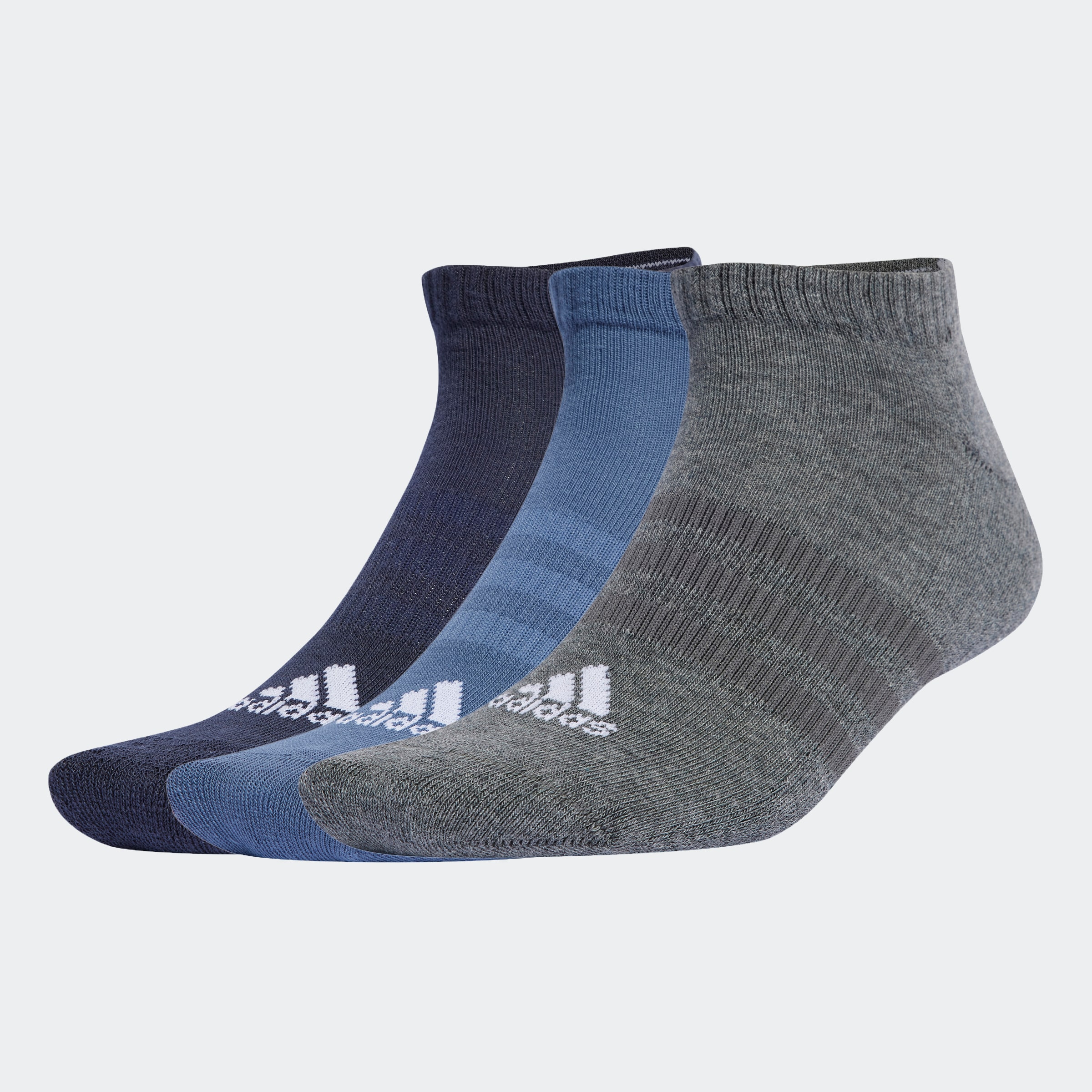Funktionssocken ADIDAS PERFORMANCE "CUSHIONED LOWCUT SOCKEN, 3 PAAR", Herren, Gr. M (40/42), blau (legend ink, preloved ink, dunkelgrau heather), Obermaterial: 62% Baumwolle, 36% Polyester, 1% Elasthan, 1% sonstige Fasern, gestreift, Socken, Sneaker...