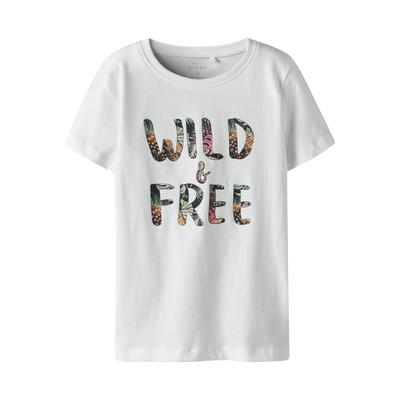 T-Shirt NAME IT "NKFVANAYA SS TOP NOOS", Mädchen, Gr. 116, hellweiß print:wild, free, Jersey, Obermaterial: 100% Baumwolle, bedruckt, casual, normal, Rundhals, Kurzarm, Shirts Image