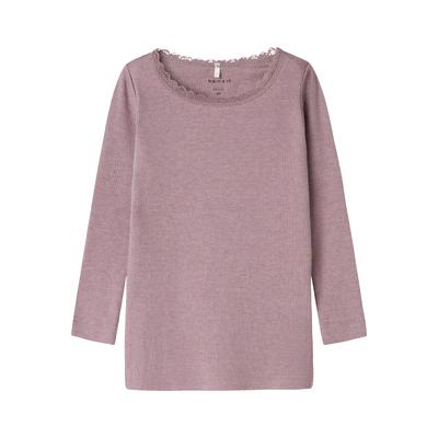 Langarmshirt NAME IT "NMFKAB LS TOP NOOS", Mädchen, Gr. 122 (128), lila (elderberry), Jersey, Obermaterial: 57% Baumwolle, 38% Modal, 5% Elasthan, meliert, casual, regular fit, Rundhals, Langarm, Shirts Image