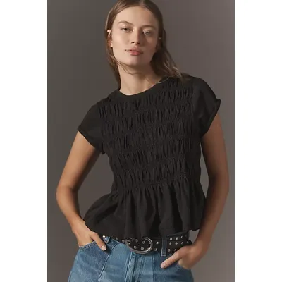 Pilcro Garment Dye Ruched Crew-Neck Cap-Sleeve T-Shirt