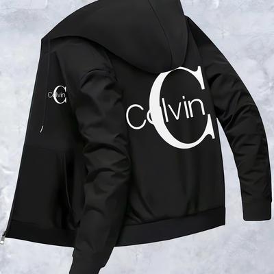 TEMU Men's Trendy Print Hooded Jacket - Casual Zip-up Fall/winter Coat With Stand Collar, Side Pockets & Slim Fit, Black With White Logo Or Text Design, Autumn Outerwear | Stand Collar Jacket | Sleek Image