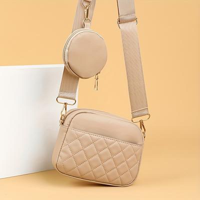 TEMU Women's Quilted Crossbody Bag, Solid Color, Lightweight With Removable Strap, Zipper Closure, Polyester Lined, Edge Paint Detail, Fashionable Daily Use Purse Image