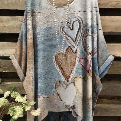 TEMU Plus Size, Bohemian Chic Plus Size Simple Vintage Heart Pattern Print Irregular Hem Round Neck T-shirt, Fashionable Versatile, Machine Washable - All -accessories Not Included Image