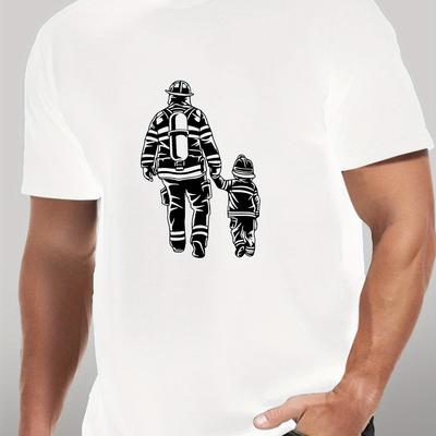 TEMU Firefighter And Child Silhouette Men's Polyester T-shirt - Crew Neck, Stretch, Casual Regular Fabric Tee With Geometric Pattern Image