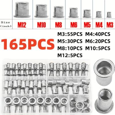 TEMU 165pcs Rivet Nut Set M3-m10 Sizes - Durable Aluminum Tool Kit For Automotive, Aviation | Manual Right-hand Thread, Ideal For Vehicle Assembly & Aircraft Maintenance Image