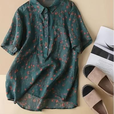 TEMU Women's Slim Fit Floral Print Button-up Shirt - Green With Flowers, Short Sleeve Casual Top, Machine Washable Non-stretch Fabric For Spring Summer & Wear, Nontransparent Material Image