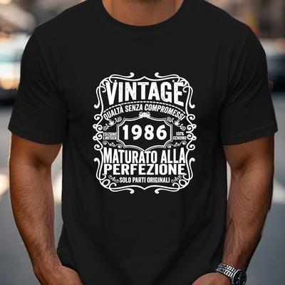 TEMU Men's Edition 1986 Vintage Graphic T-shirt - White Short Sleeve Crewneck With Italian Text, Casual Summer Top, Polyester Blend, Machine Washable Image