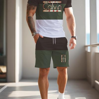 "TEMU Men' 3d Print Short Sleeve T-shirt And Shorts Set - Black & White, "" Design, Athletic Casual Summer Outfit With White Sneakers, Everyday Tshirt | Sporty Casualwear |" Image