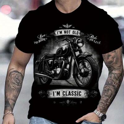 "TEMU Classic Motorcycle Print Short Sleeve Crew Neck T-shirt- Retro Style Pattern, Trendy Summer Top For Outdoors Activities With Humorous " Old I'" Slogan" Image