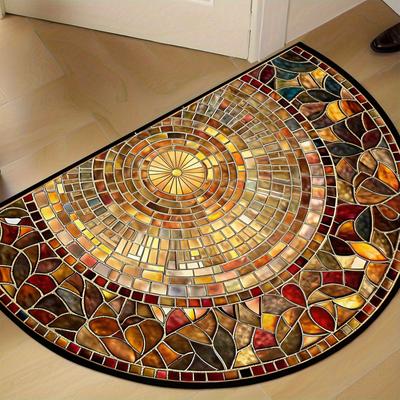 TEMU 1pc 2d Printed Pattern Semi-circular Door Mat - Soft Polyester Machine-washable Indoor/outdoor Mat With Vibrant Mosaic Design For Entryway, Front Door, Porch - Image
