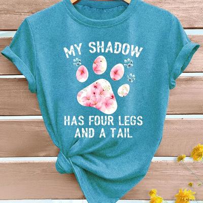 TEMU Women's Casual Crew Neck T-shirt With Paw Print & Lettering, Fashionable Knit Fabric Top, Options S-xxl, Viscose 20%, Polyester 75%, Elastane 5% Image