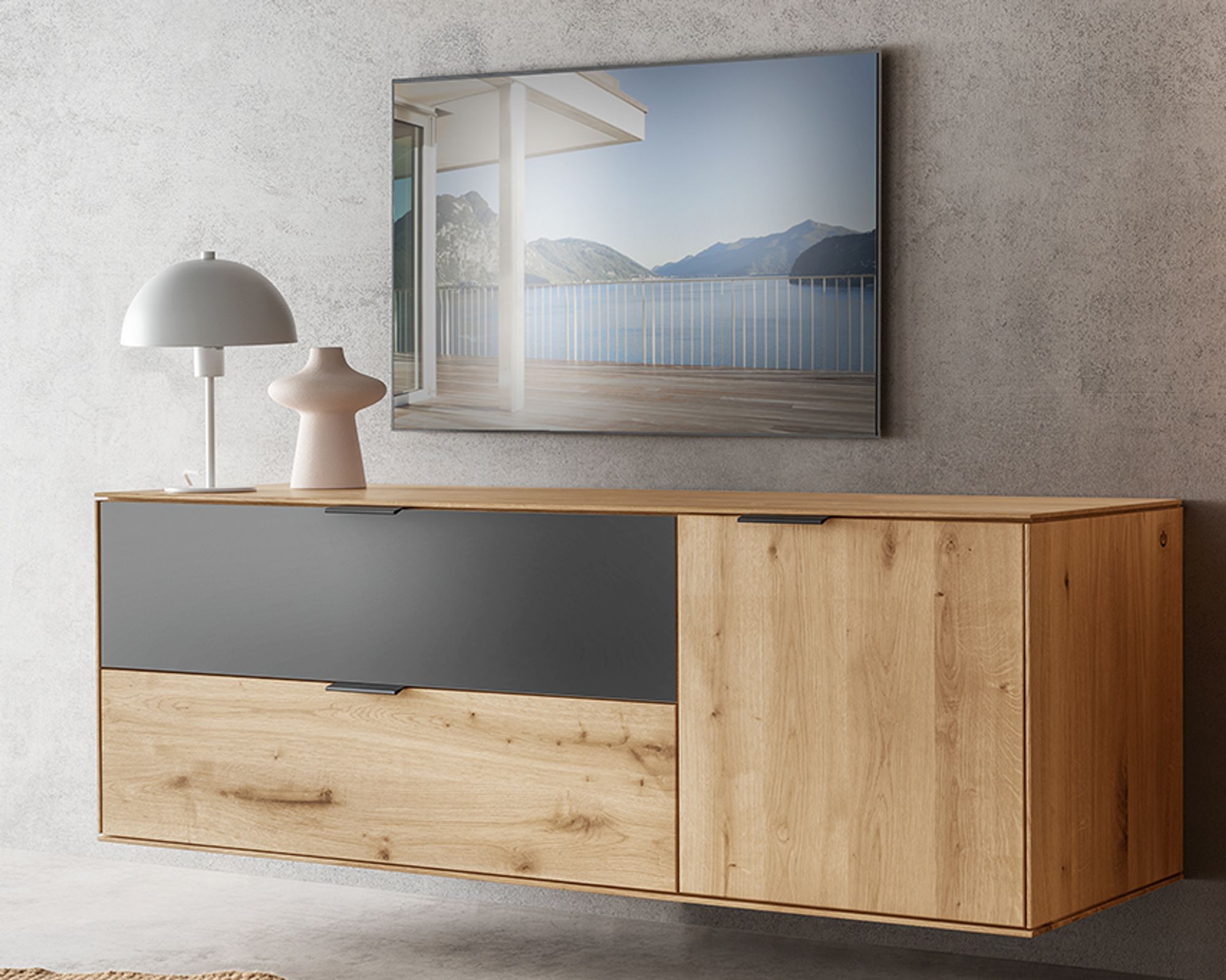 Massivholz »Lugano« Lowboard I hängend Hobelschlag Front / obere Schublade in Anthrazitglas