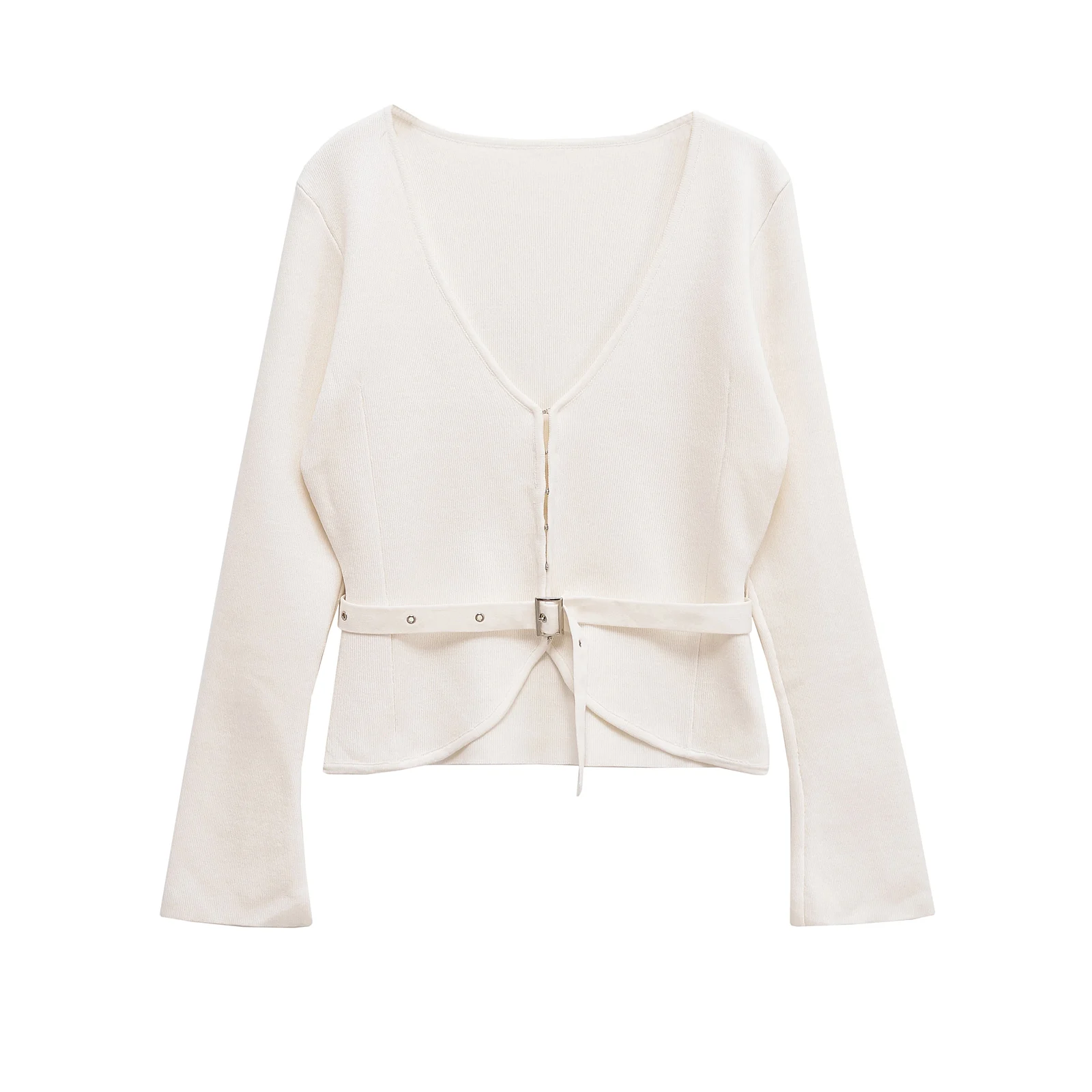 Damen Basic Sommer Neuer Strickmantel V-Ausschnitt Einfarbig Flacher Nadelstil Lässige Oberbekleidung Polyestergürtel 5536046 Image