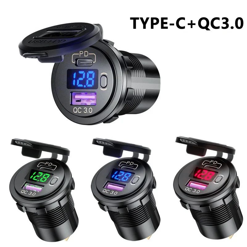 12V/24V PD Typ-C QC3.0 Dual USB Autoladegerät Buchse mit Voltmeter Schalter für Auto Motorrad Boot LED-Anzeige