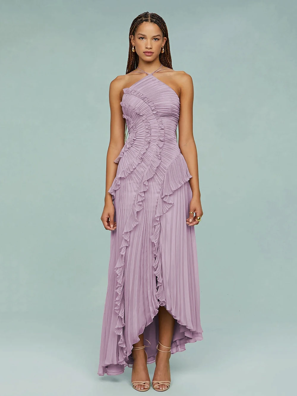 Modphy Damen-Kleid, unregelmäßig, plissiert, schlank, Chiffon, langes Kleid, sexy, rückenfrei, Rüschen, modisch, Party, Abschlussball, elegantes Abendkleid, 2025, neu Image