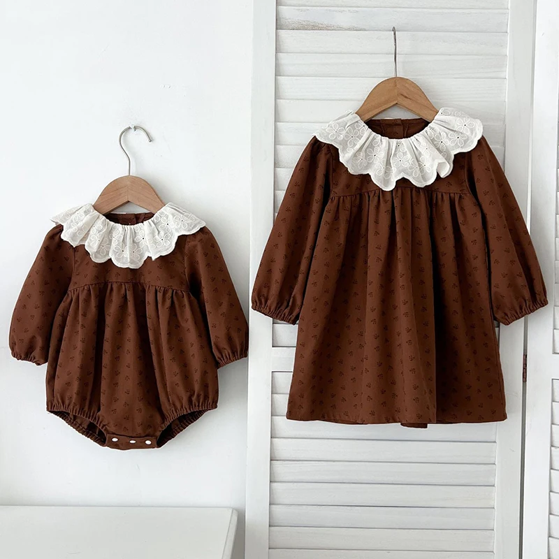 2023 herbst Schwester Kleidung Kinder Prinzessin Kleider Baby Mädchen Retro Kleid Strampler Blumen Kleid Baumwolle Baby Mädchen Kleidung Anzug Image