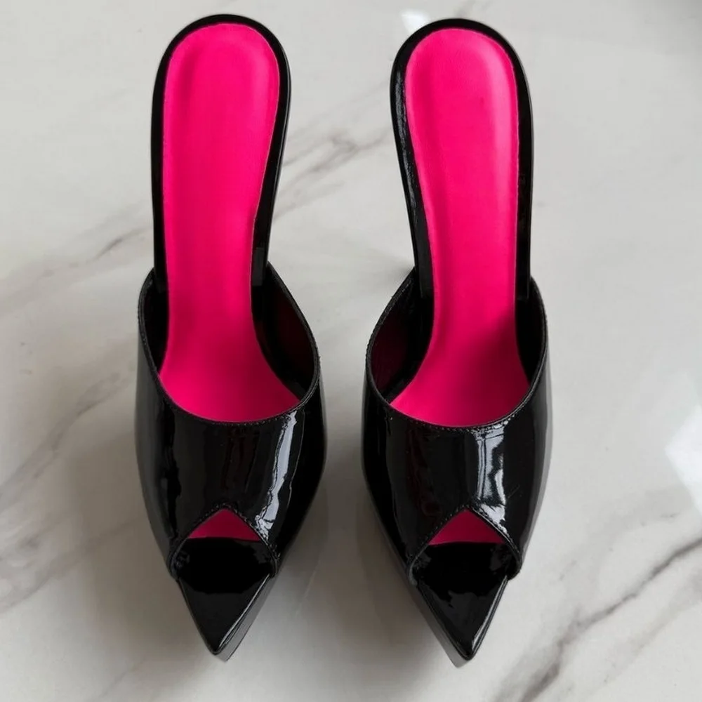 CACA 14 cm hochhackige Peep-Toe-Slides, sexy Plateau-Pantoletten-Hausschuhe, Cosplay-Schuhe, Schwarz, Weiß, Rot, Aprikose, Direktversand