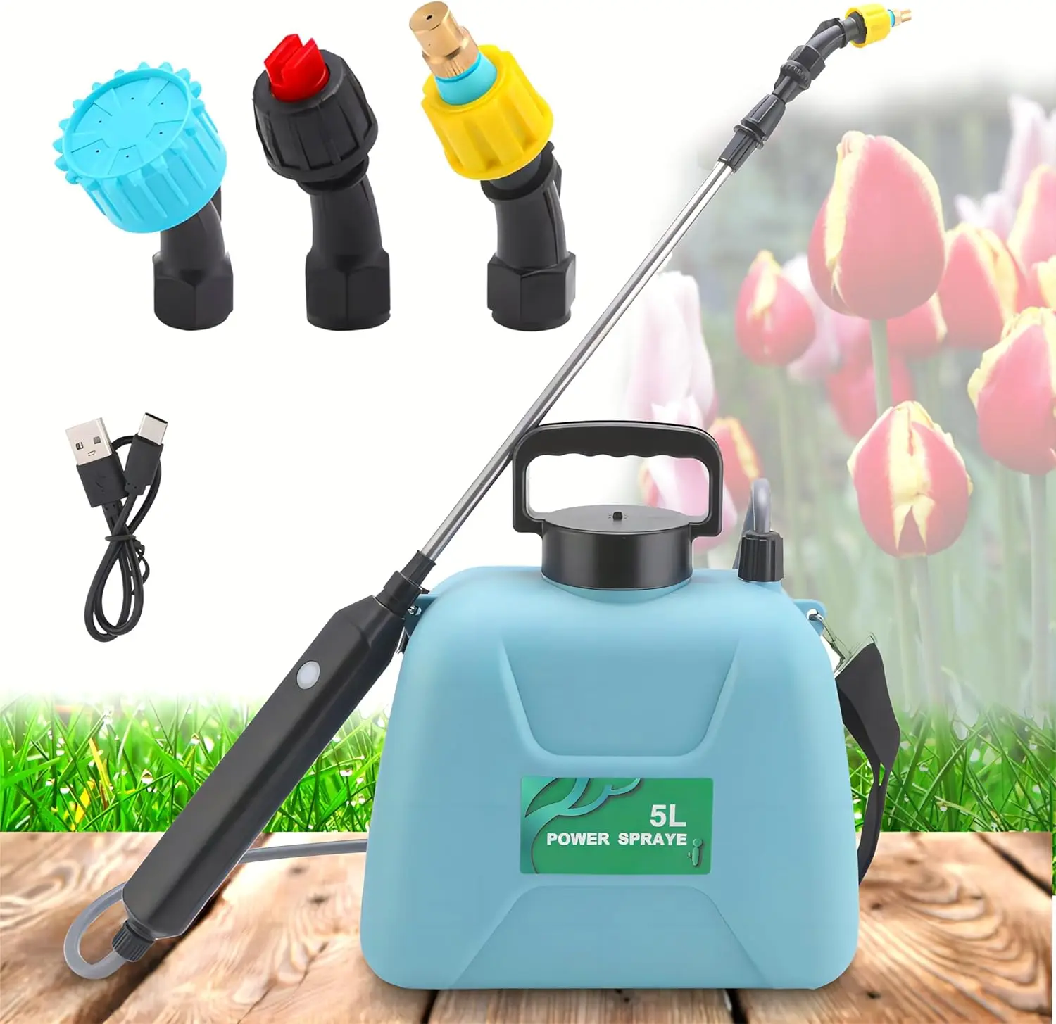 Elektrisches Sprühgerät, 5 l elektrisches Gartensprühgerät, 2400 mAh Sprühgerät, 3 Düsen, Nebelsprüher, wiederaufladbarer USB-Griff, einziehbarer Zauberstab Image