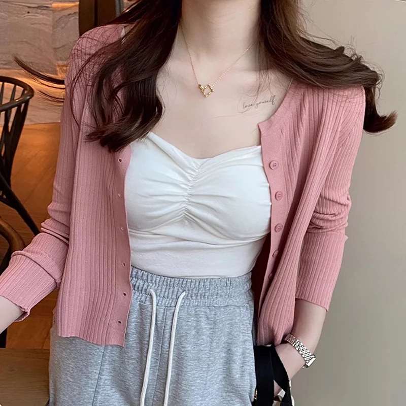 2023 langarm Abgeschnitten Strickjacken Frauen Dünne Gestrickte Oberbekleidung Solide Frühling Sommer Pullover O Hals Koreanische Mode Kleidung Image