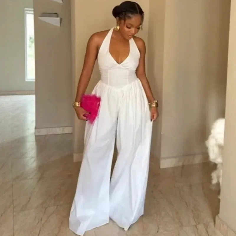 Sexy Halter-Backless-Overall mit weitem Bein, ärmellos, V-Ausschnitt, eleganter Strampler, Korsett, hohe Taille, einteiliger Overall, Club-Outfits Image