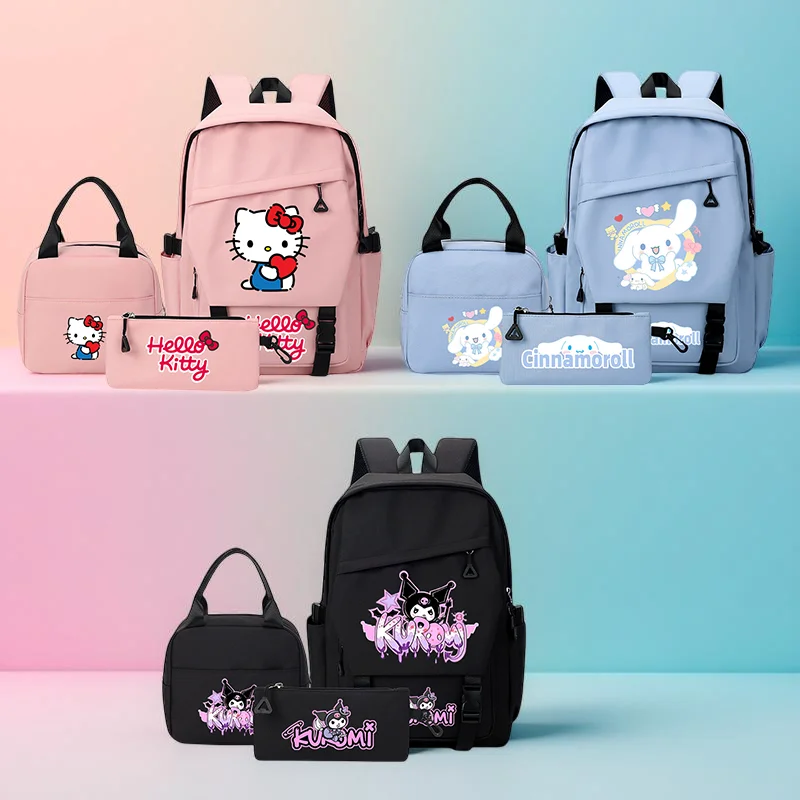 Ensemble de 3 sacs à dos-sac d'école Hello Kitty/Cinnamoroll/kuromi avec sac à déjeuner + trousse à crayons, sac à dos d'étudiant Anime mignon pour adolescents