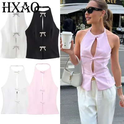 HXAO Halter Top Women 2025 Cut Out Butterfly Crop Top Woman Off Shoulder White Black Top Female Summer Backless Sexy Tanks Tops