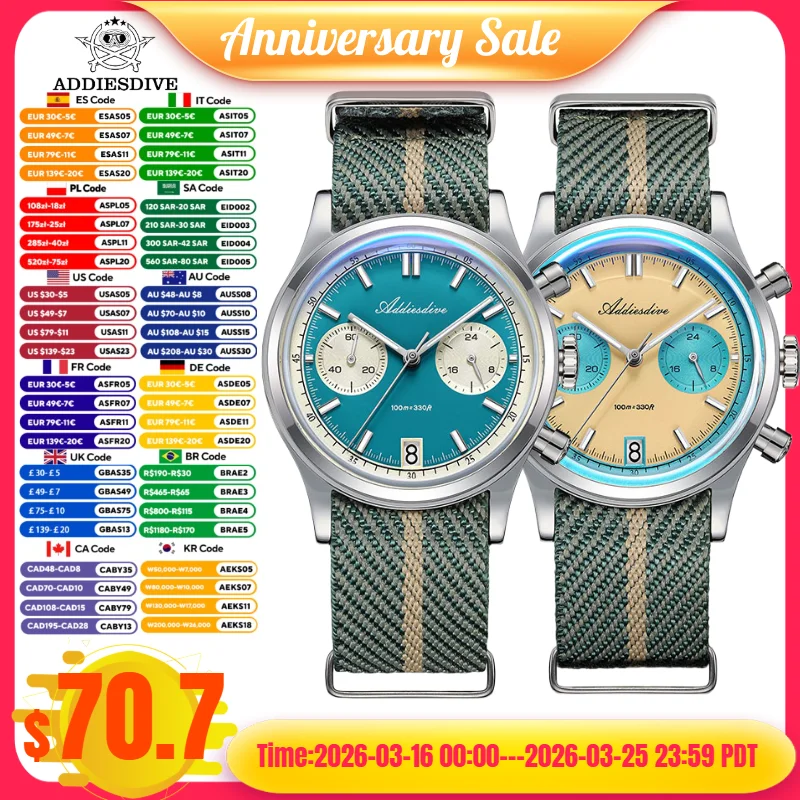 ADDIESDIVE Top Marke Mann Uhr BGW9 Super Leuchtende 10Bar Wasserdichte Blase Spiegel Glas VK64 Chronograph Quarz Stahl Armbanduhr Image