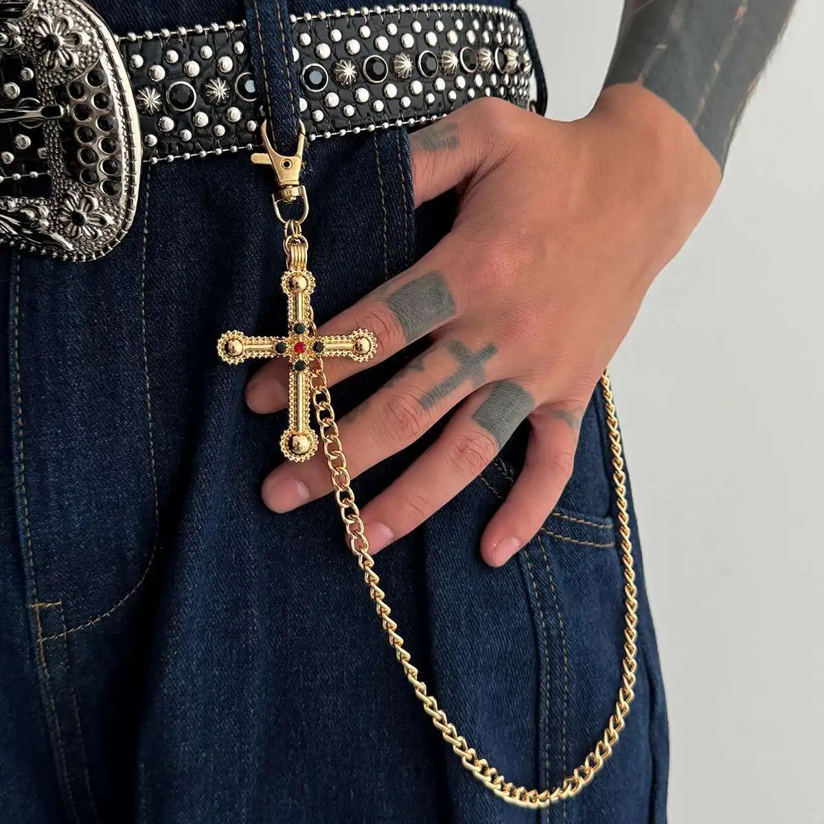 Lacteo Hip Hop Exquisite Gold Farbe Hummer Klaue Schnalle Gürtel Kette Männer Punk Vintage Jeans Kette Strass Kreuz Anhänger Schmuck