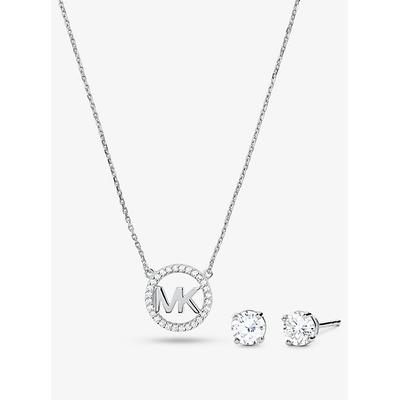 Michael Kors 14K Rose Gold-Plated Sterling Silver Pavé Logo Charm Necklace and Stud Earrings Set Silver One Size