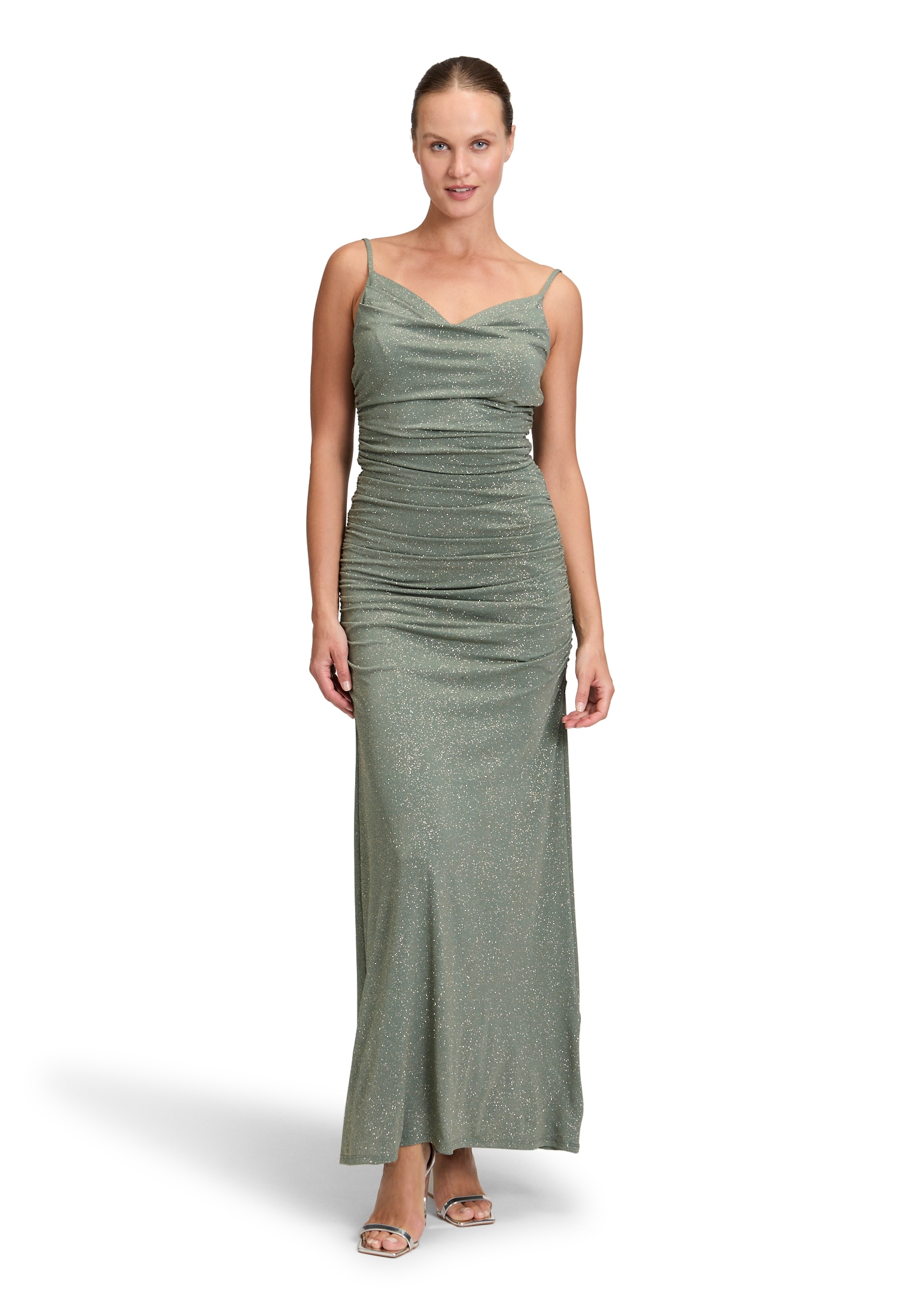 Abendkleid VERA MONT "Damen mit Wasserfallausschnitt", Damen, Gr. 34, Normalgrößen, grün (dunkelgrün, grau), Jersey, Obermaterial: 95% Polyester, 5% Elasthan; Futter: 100% Polyester, eng lang, Wasserfallausschnitt, Kleider Abendkleid