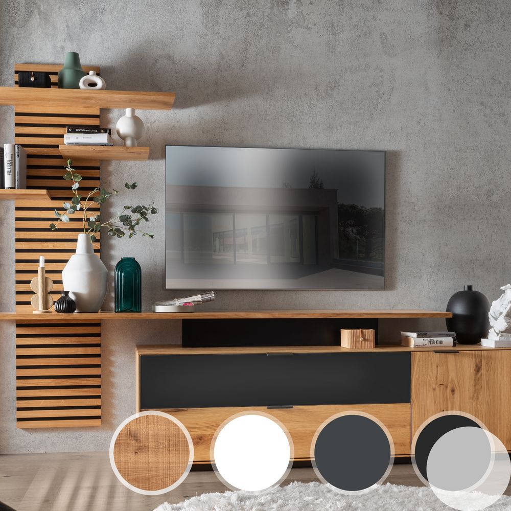 Massivholz »Lugano« Panel Wohnwand glatte Front / obere Schublade in Weißglas