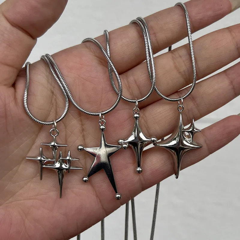 Y2K Simple Choker Necklace Four Pointed Star Necklaces Adjustable Crucifix Pendant Necklace Asterism-Necklace Jewelry