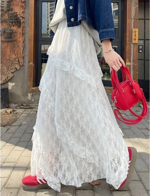 Frauen Sommer Spitze Rüschen Midi Rock Vintage Große Große Mesh Plus Größen Mesh Casual Elegante Party Mode Lose Maxi Röcke