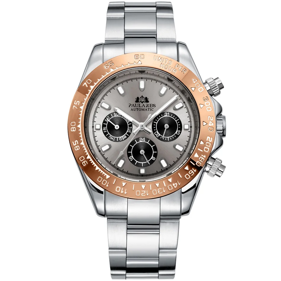 Automatische mechanische Herrenuhr mit Automatikaufzug, goldfarbener Edelstahl, Glacier Ice Blue, kastanienbraune Lünette Image