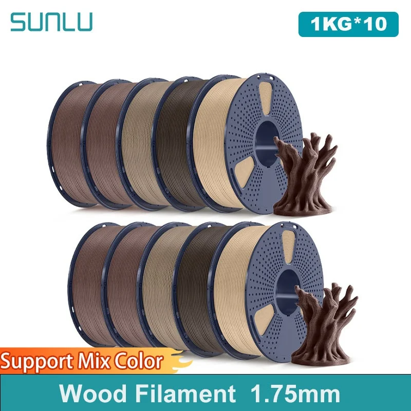 SUNLU 10 kg mehrere Holzfilamente, Holzstruktur, PLA-3D-Druckerfilament, 1,75 mm, 1 kg/Spulenfilament, passend für die meisten FDM-3D-Drucker Image