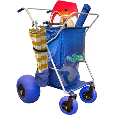 Foldable Storage Wagon with 4 Balloon Wheels, Rear 13 Inch & Front 7 Inch Beach Tires (Pump Included) - Blue