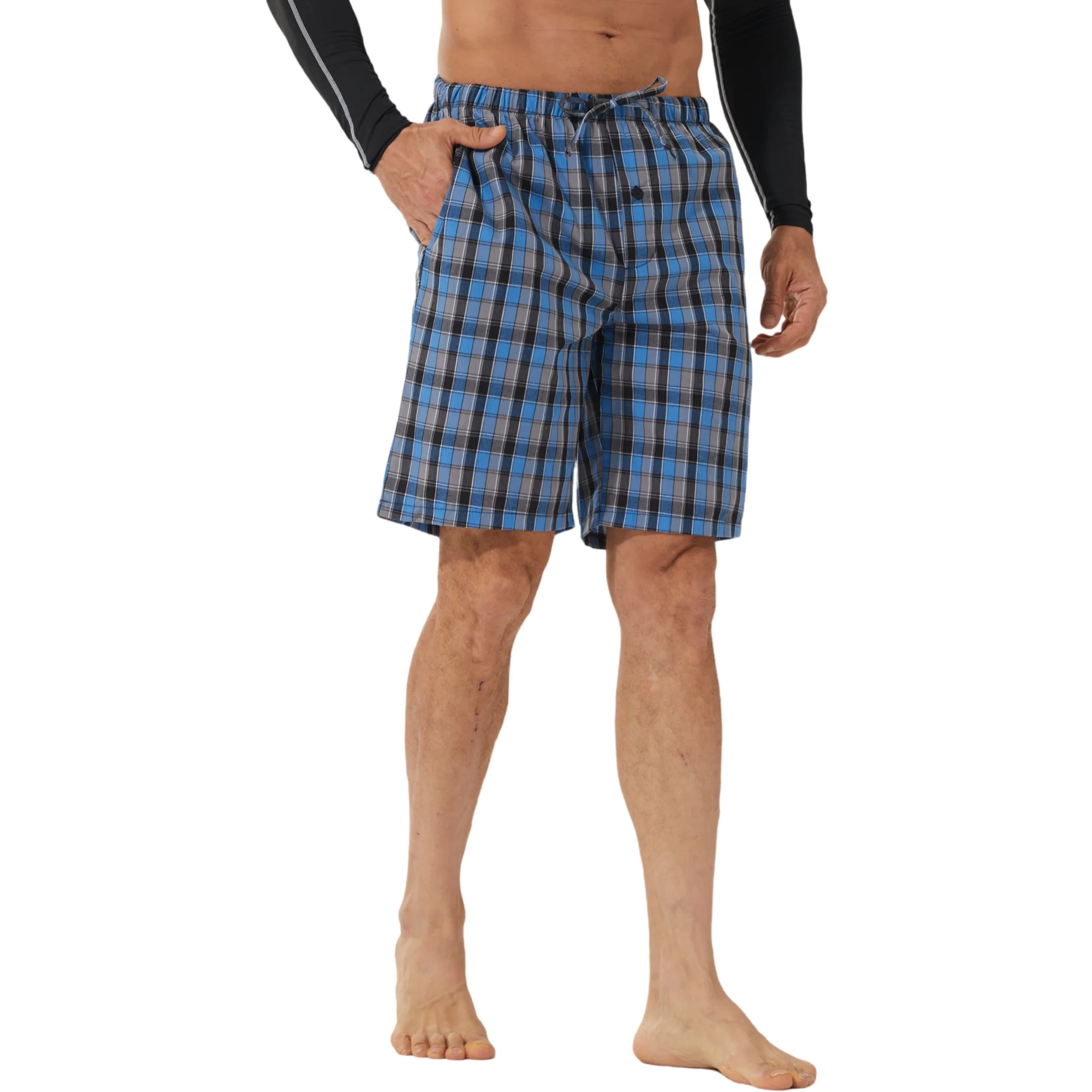 Herren-Pyjama-Shorts, Sommer-Schlafshorts mit Karomuster, Herren-Pyjama-Shorts aus Baumwolle mit Taschen und Kordelzug, lockere Passform, Five-Minute-Shorts Image