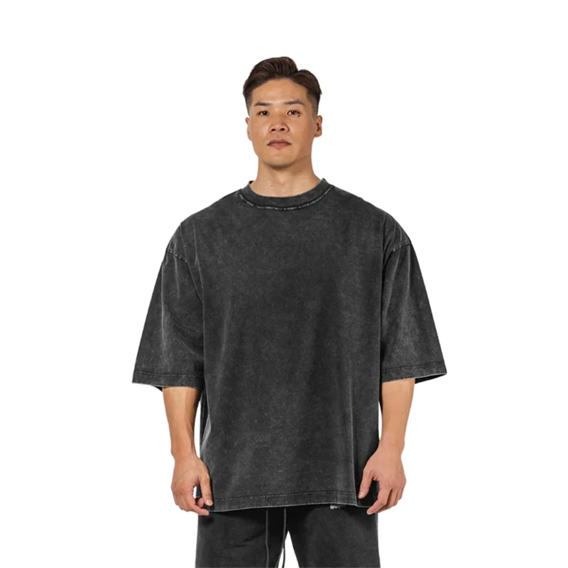 Gewaschenes T-Shirt, 230 g, 100 Baumwolle, solide, übergroße, lockere Fitness-Herren-T-Shirts, tief angesetzte Schultern, kurze Ärmel, Fitnessstudio, Bodybuilding-Shirts Image