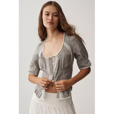 By Anthropologie Short-Sleeve Pintuck Button-Front Blouse