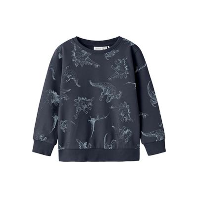 Sweatshirt NAME IT "NMMVARON LS AOP SWT UNB NOOS", Jungen, Gr. 104, blau (schwarz sapphire), Sweatware, Obermaterial: 100% Baumwolle, bedruckt, casual, normal, Rundhals, Langarm Rippbündchen, Sweatshirts, mit süßem Dino-Alloverprint Image
