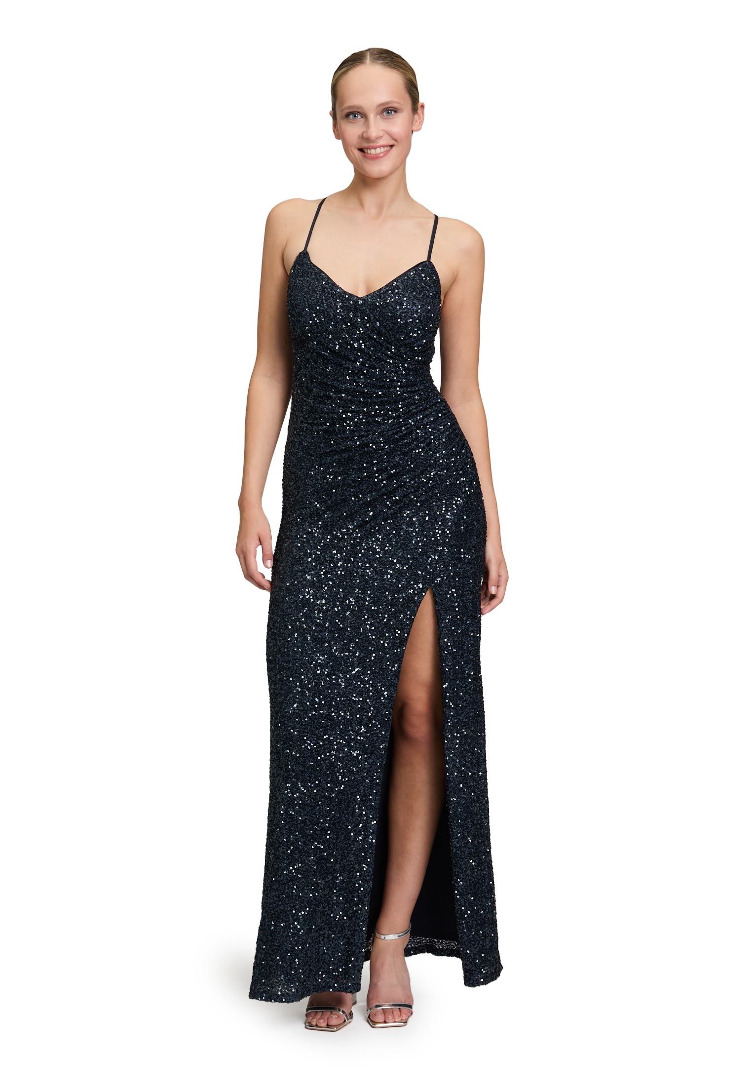 Abendkleid VERA MONT "Vera Mont Damen Abendkleid figurbetont", Damen, Gr. 42, Normalgrößen, blau (night sky), Obermaterial: 95% Polyester, 5% Elasthan. Futter: 100% Polyester., figurbetont lang, V-Ausschnitt, Kleider Image