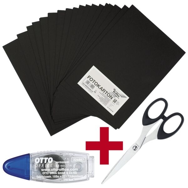 folia Fotokarton 300 g/m² A4 50 Blatt inkl. Schere 15 cm + Kleberoller 8,4 mm schwarz