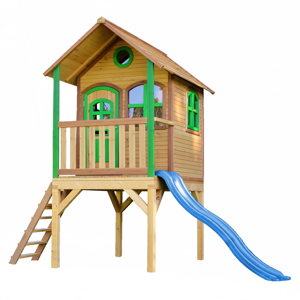 Casetta per bambini con scivolo blu, legno FSC, marrone/verde